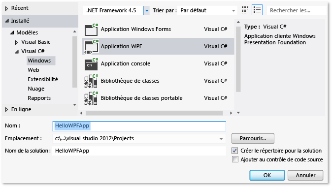 Créer un projet Visual C# WPF, HelloWPFApp