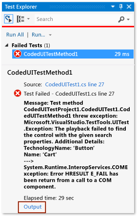 Lien de sortie dans l'explorateur de tests