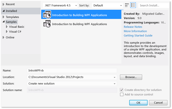 Boîte de dialogue Nouveau projet, Exemple Visual Basic