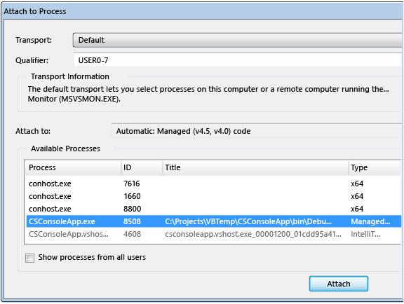 Boîte de dialogue Attacher au processus