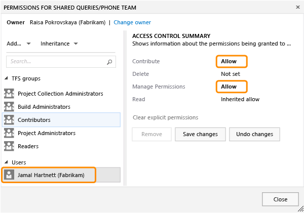 Permissions dialog for a query