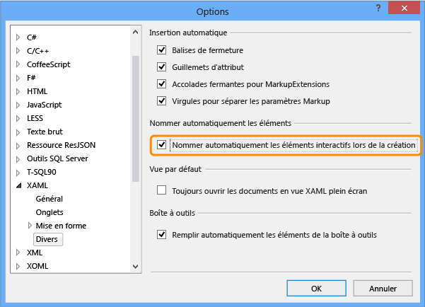 Options XAML diverses