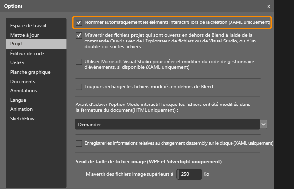Définir le projet pour nommer les éléments interactifs