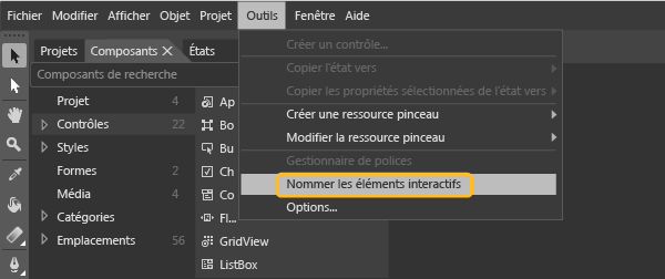 Choisir Nommer les éléments interactifs dans le menu Outils