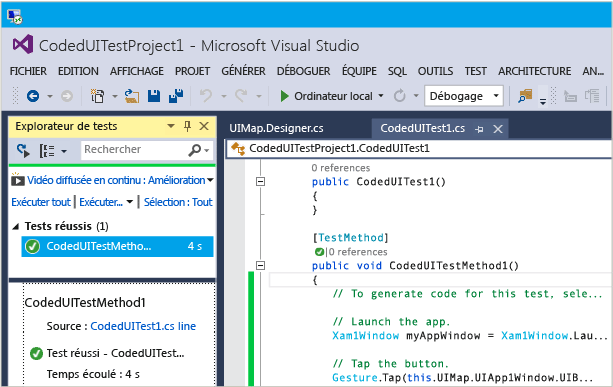 Les tests réussis s'affichent dans l'Explorateur de tests