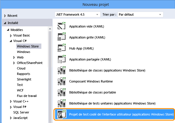 Nouveau projet de test codé de l'interface utilisateur (Windows Store Apps)