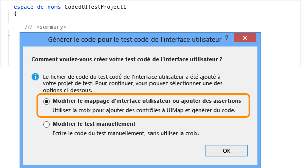 Choisir Modifier le mappage d'interface utilisateur ou ajouter des assertions