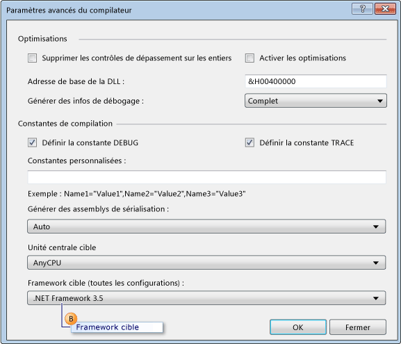 Liste déroulante des versions cible de .NET Framework