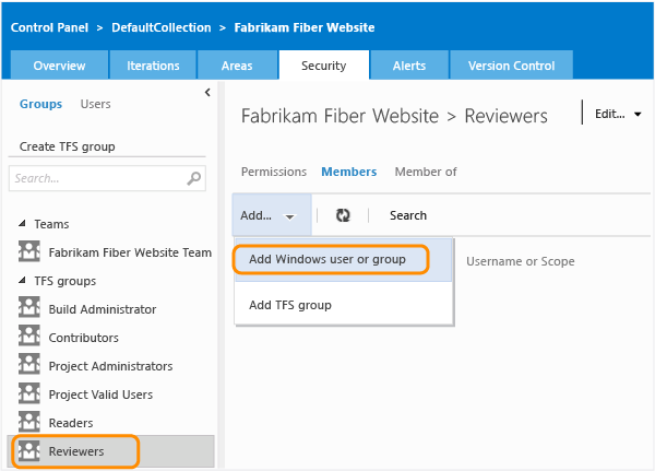 Open dialog to add members to TFS Group