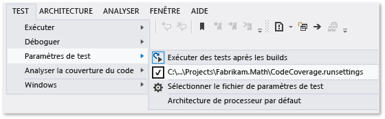 Menu Paramètres de test avec le fichier de paramètres de test