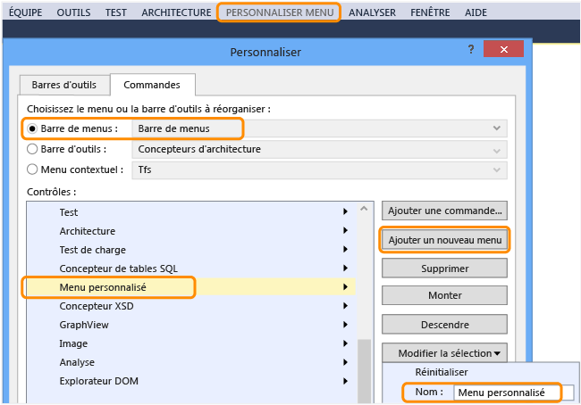 Boîte de dialogue Personnaliser montrant comment ajouter un menu