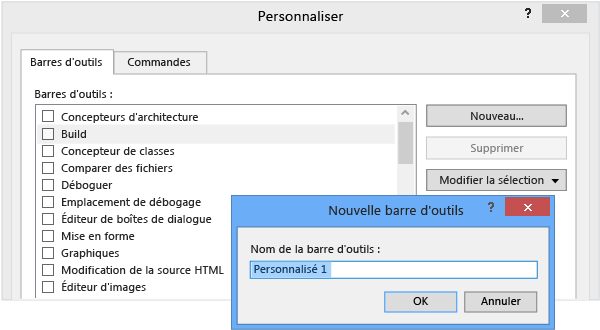 Boîte de dialogue Personnaliser montrant comment ajouter une barre d'outils