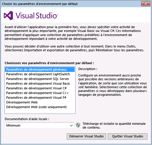 Boîte de dialogue Choisir les paramètres d'environnement par défaut