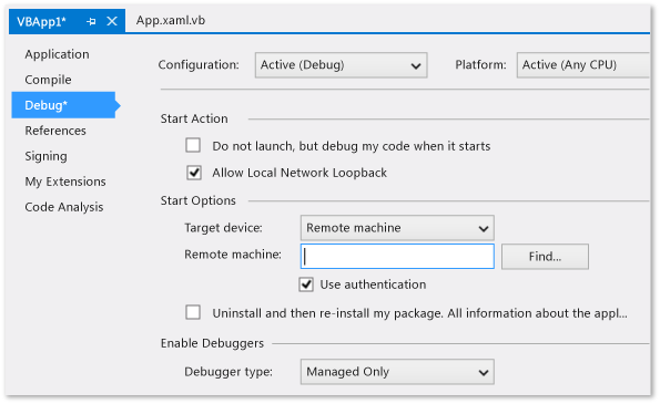 C# / VB project debug property page