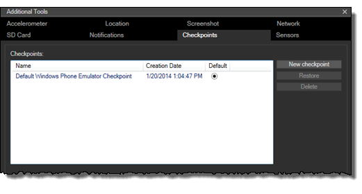 Checkpoints tab of the Windows Phone Emulator