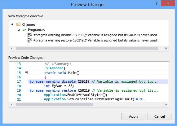 Visual Studio 2015 Light Bulb preview