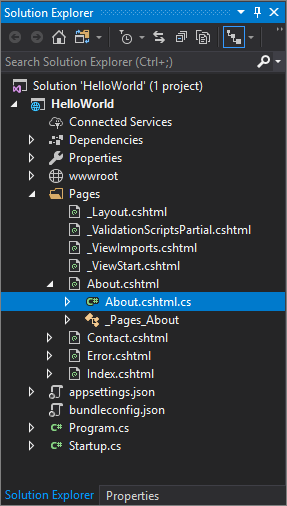 Screenshot shows the About dot c s h t m l dot c s file selected under the About dot c s h t m l node in the Solution Explorer.