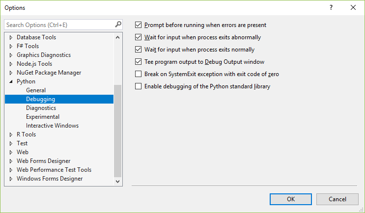 Python options dialog, Debugging tab