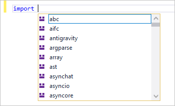 IntellSense showing available modules for an import statement