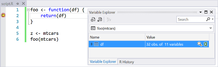 Variable Explorer showing a data frame during debugging