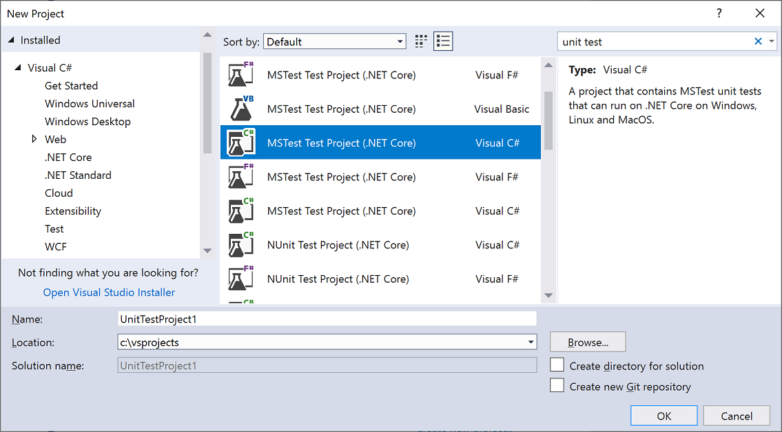 Unit test project template in Visual Studio 2017