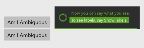 Screenshot of Active listening mode with the Now you can say what you see option displayed and no labels on the buttons.