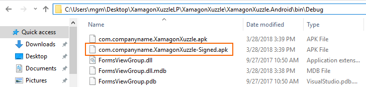 Emplacement du fichier APK Debug signé