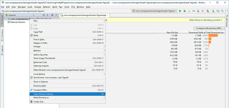 Emplacement de l’élément de menu Open Module Settings