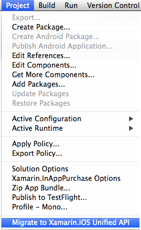 Choisissez Project > Migrate to Xamarin.iOS Unified API... et acceptez le message d’avertissement qui s’affiche