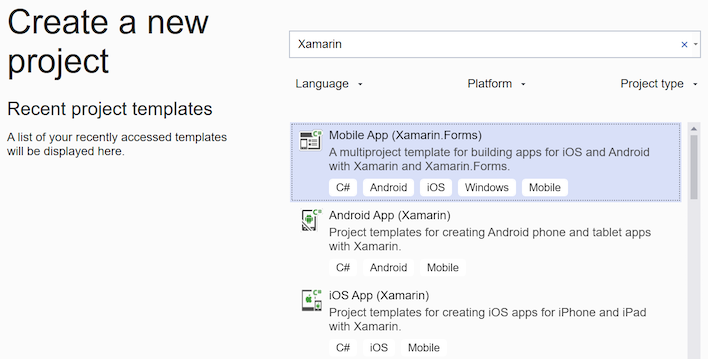 Filtrer les projets Xamarin