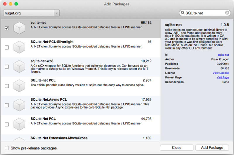 Ajout du package NuGet SQLite