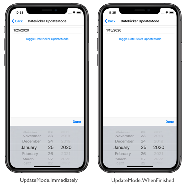 Capture d’écran des modes de mise à jour DatePicker