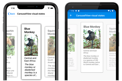 Capture d’écran d’un CarouselView utilisant des états visuels, sur iOS et Android