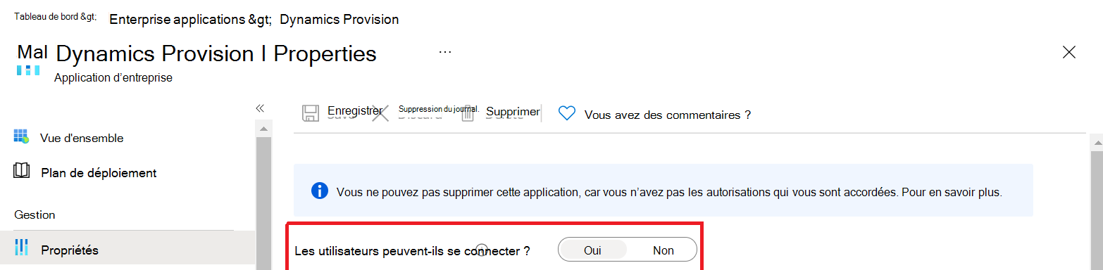 Écran sur lequel l’utilisateur garantit que la connexion de l’utilisateur pour Dynamics Provision est activée.