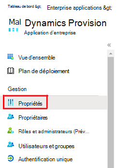 Écran sur lequel l’option Propriétés pour Dynamics Provision s’affiche.