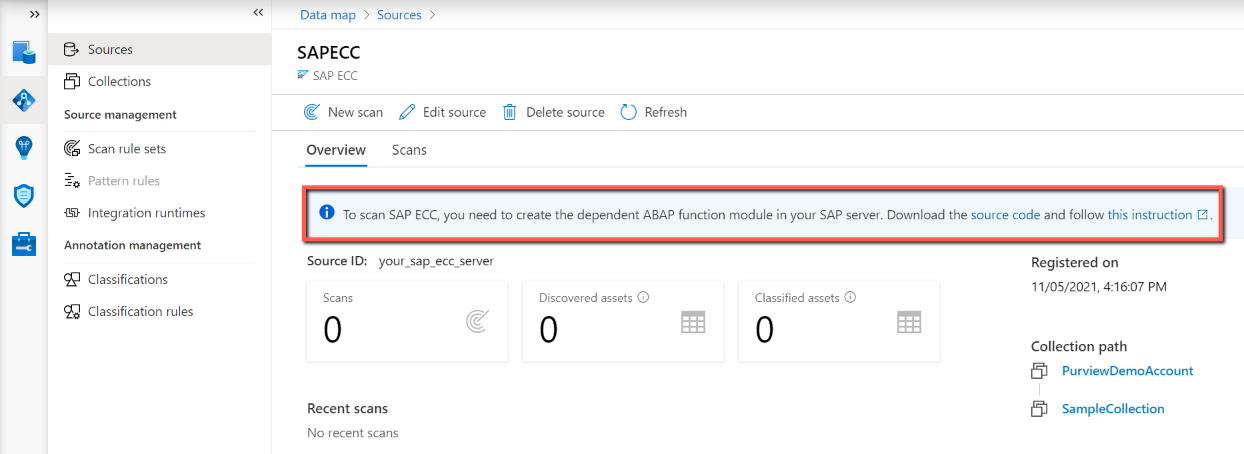 Capture d’écran montrant le lien de téléchargement pour le code source du module de fonction ABAP à partir du portail de gouvernance Microsoft Purview.