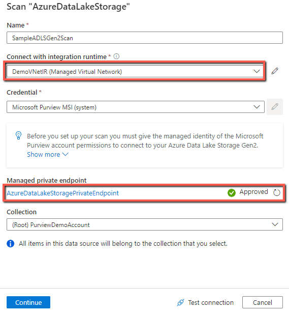 Capture d’écran montrant comment configurer l’analyse à l’aide du runtime d’intégration de réseau virtuel managé