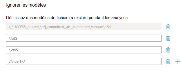 Capture d’écran montrant le panneau Ignorer les modèles avec quatre expressions régulières définies. La première est l’expression régulière de transaction Spark préremplie, la seconde est \\.txt$, la troisième est \\.csv$, et enfin .folderB/.*.