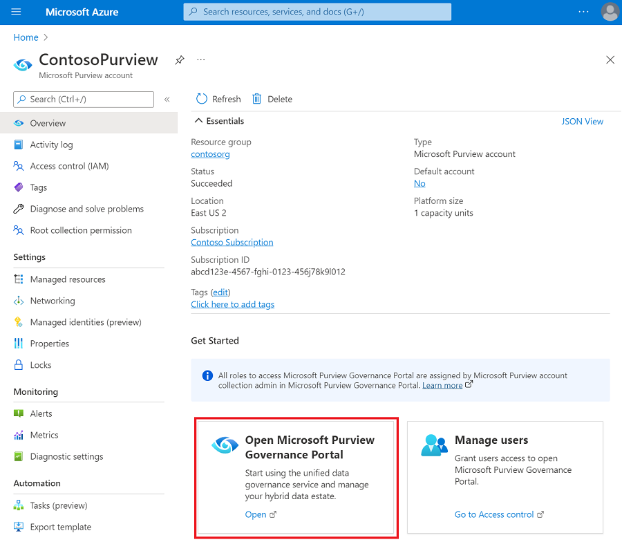 Capture d’écran montrant la page de vue d’ensemble du compte Microsoft Purview, avec la vignette du portail de gouvernance Microsoft Purview mise en évidence.