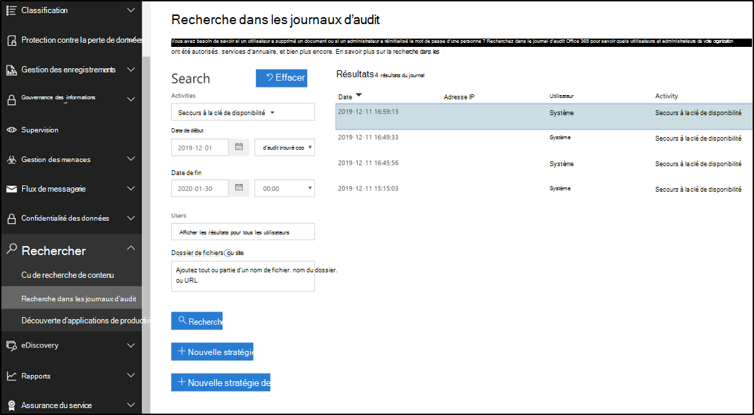 Recherche dans le journal d’audit des événements clés de disponibilité