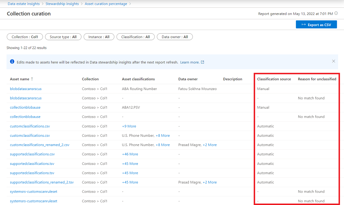 Capture d’écran de la vue détaillée de la collection, avec la source de classification et les raisons pour les colonnes non classifiées mises en évidence.