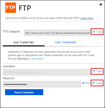 Copiez les chaînes de connexion à partir du tableau de bord FTP.