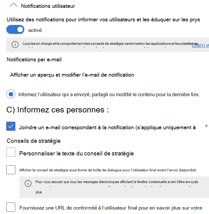 Les options de configuration des notifications utilisateur et des conseils de stratégie disponibles pour Exchange, SharePoint, OneDrive, La conversation et le canal Teams, et Defender for Cloud Apps