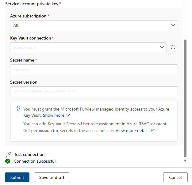 Capture d’écran montrant comment configurer la connexion pour google BigQuery.