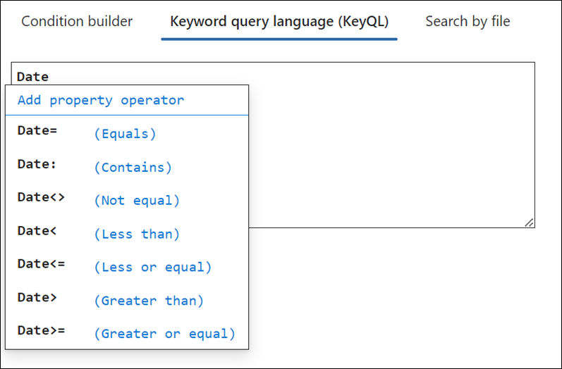 L’éditeur KeyQL suggère des opérateurs