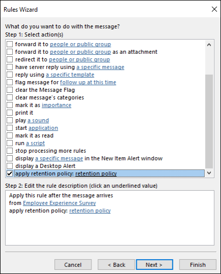 Configuration des règles avec option pour appliquer des stratégies de rétention.