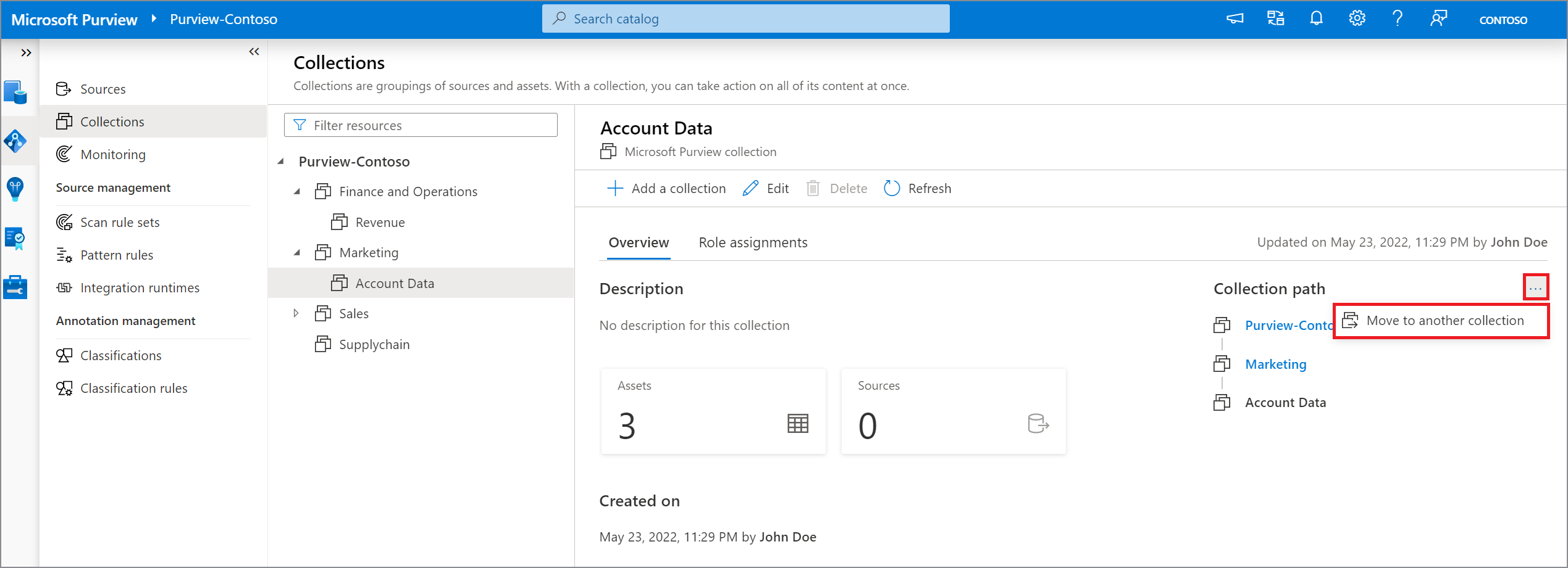 Capture d’écran de la fenêtre du portail de gouvernance Microsoft Purview pour déplacer une collection, ouvrir une fenêtre de collection, des points de suspension et déplacer vers une autre collection mise en surbrillance.