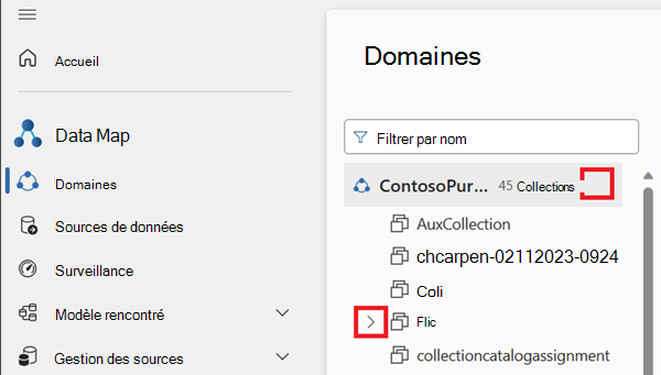 Screenshot of the domains menu with the arrow icon beside the default domain and one of the collections highlighted.