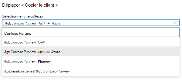 Screenshot of Microsoft Purview governance portal pop-up window with the select a collection dropdown menu highlighted.