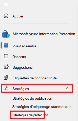 Capture d’écran du menu Information Protection, avec la liste déroulante Stratégies ouverte et les stratégies de protection mises en évidence.